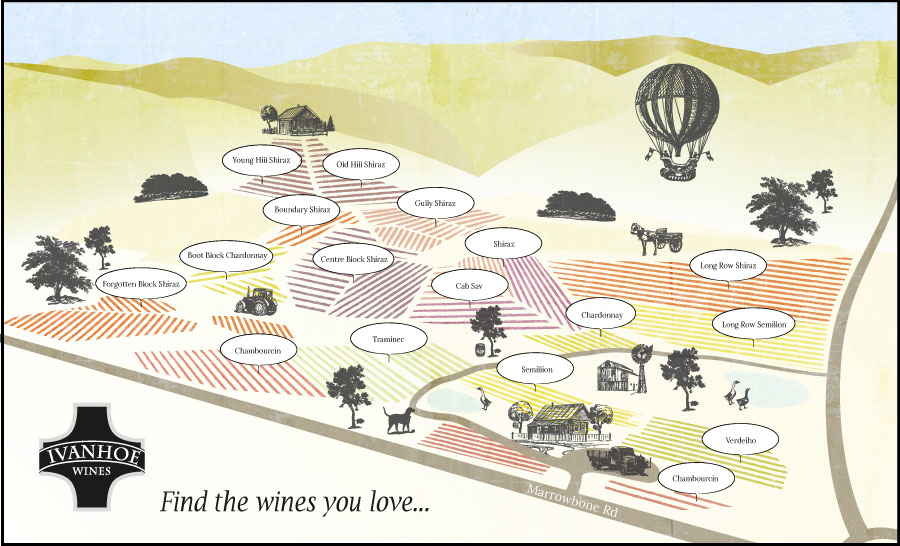 Illustration of Ivanhoe vineyard with wine varieties labeled