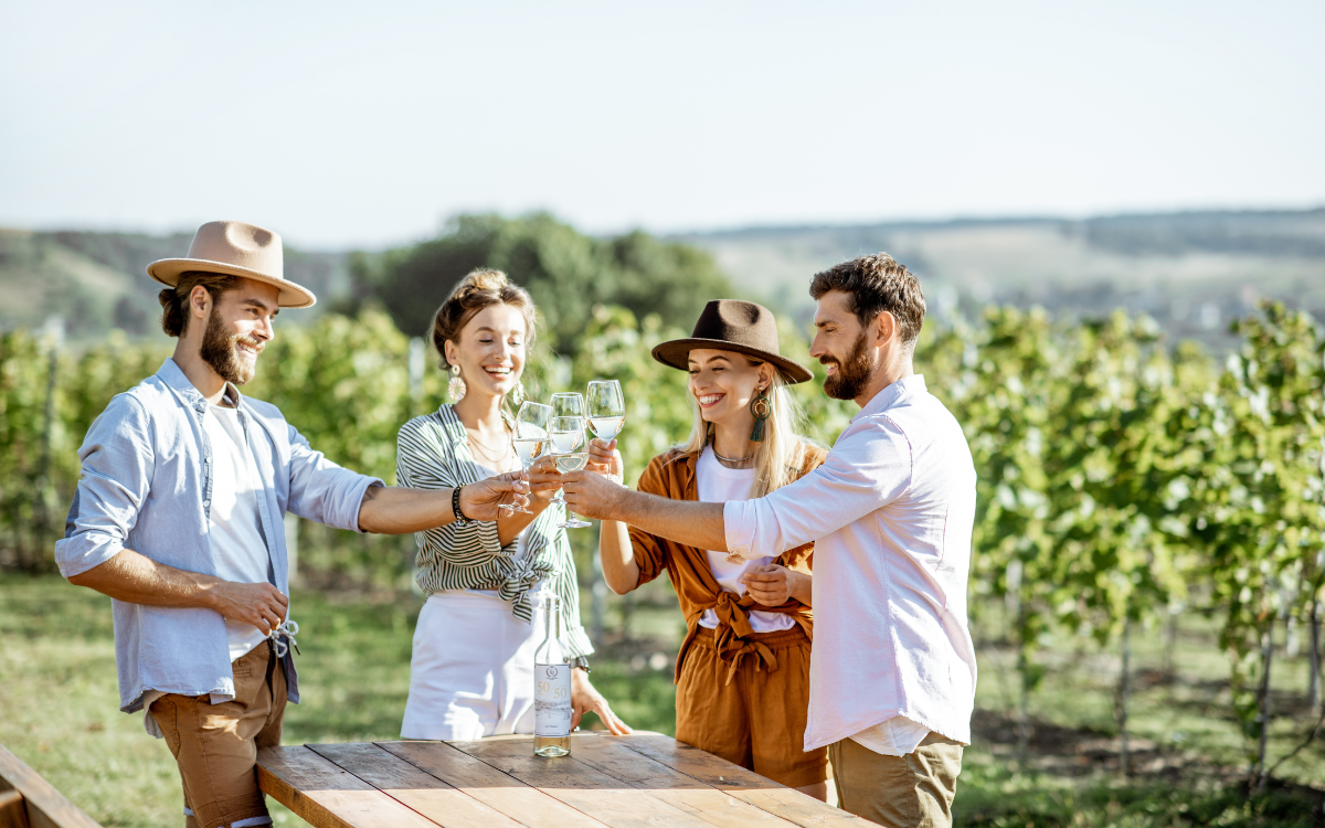 Four friends toast with wine glasses at a vineyard table